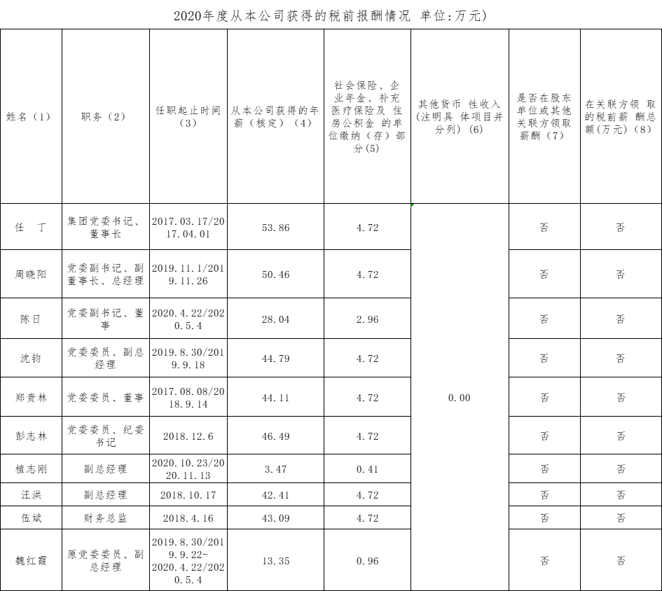2020年度從本公司獲得的稅前報(bào)酬情況